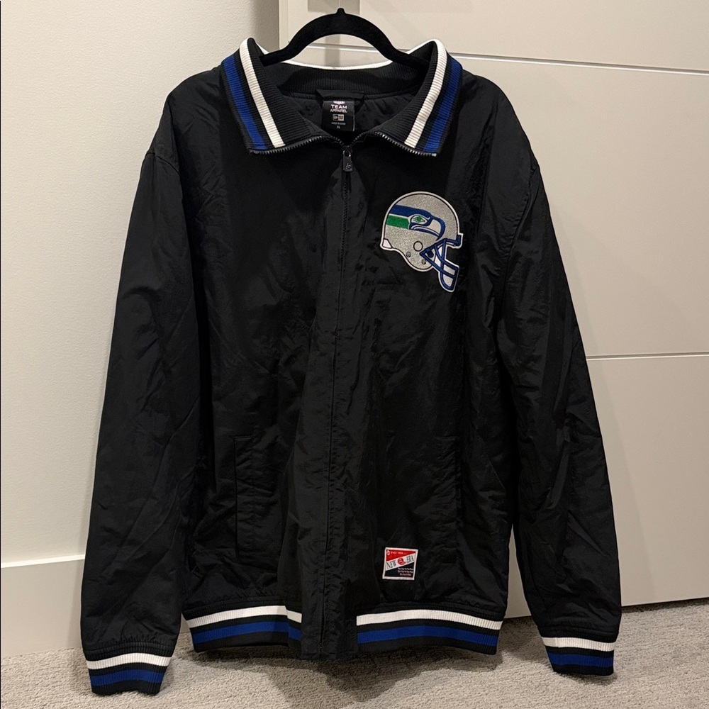 Black Satin Bomber Jacket with Blue & White Trim